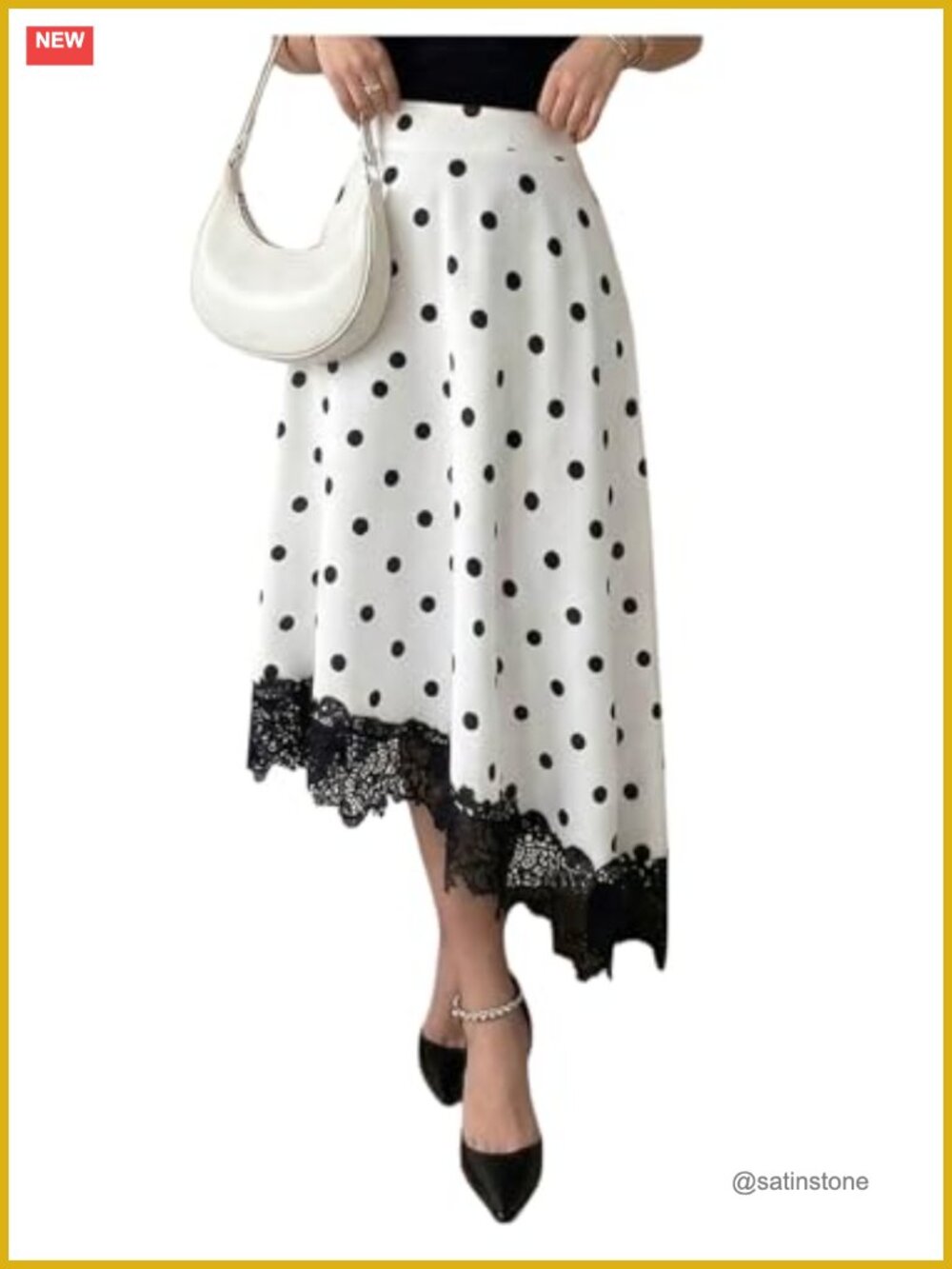 Gothic A-Line Midi Skirt with Lace Hem High Rise Polka Dot Skirt